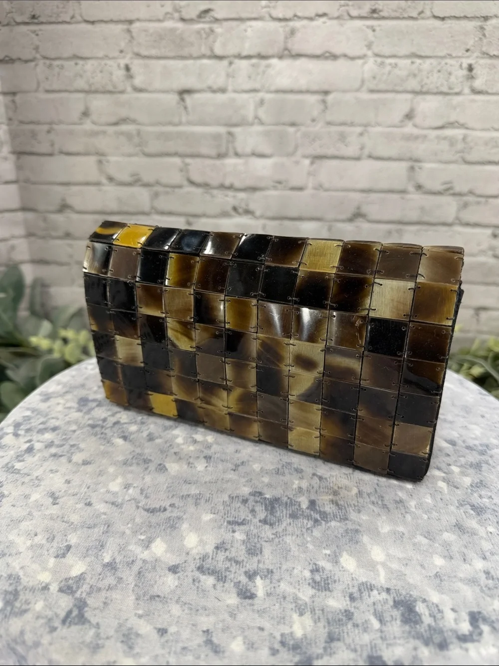 MAD BAGS - Brown Handmade “Horn & Pearl” Collection Petite Stand-Up Clutch NWOT